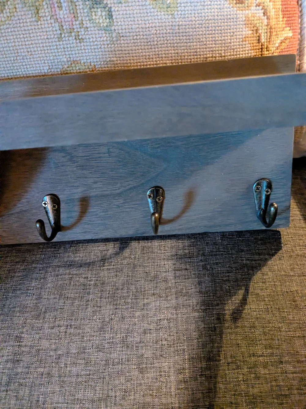 Rustic Gray Wooden Wall Hook Shelf with Three Metal Hooks
